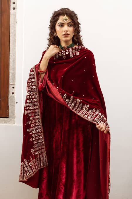 Shop_Maison Shefali_Maroon Anarkali And Pant Velvet Hand Embroidered Zardosi Zeya Gulaab Set _Online_at_Aza_Fashions