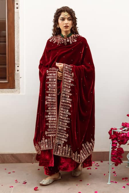 Maison Shefali_Maroon Anarkali And Pant Velvet Hand Embroidered Zardosi Zeya Gulaab Set _at_Aza_Fashions