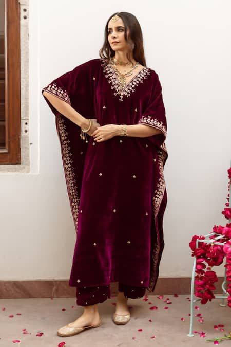 Maison Shefali Ibtida Velvet Embroidered Kaftan & Pant Set 