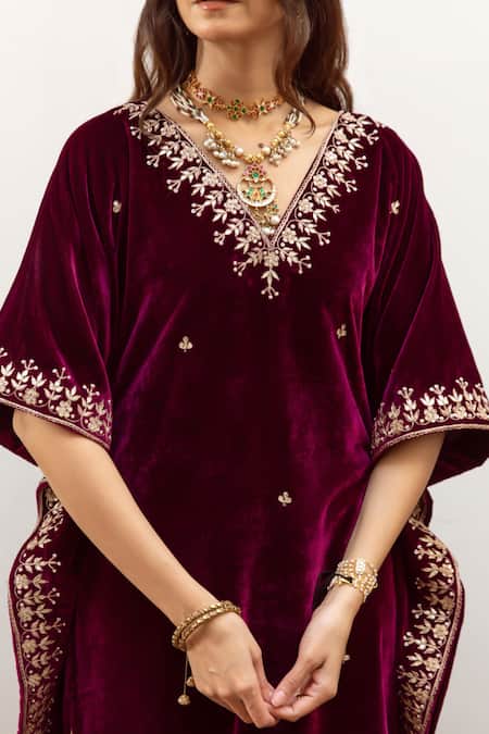 Maison Shefali_Purple Velvet, Silk Metallic Thread, Cut Ibtida Embroidered Kaftan And Pant Set _at_Aza_Fashions