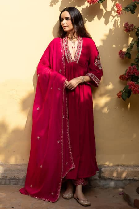 Maison Shefali Red Anarkali And Pant Velvet Hand Embroidered Khizaan Gulabi Set 