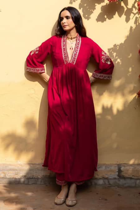 Maison Shefali_Red Velvet, Organza Zari, Embroidery, Cut Khizaan Gulabi Hand Anarkali Set _Online_at_Aza_Fashions