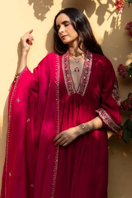 Maison Shefali_Red Velvet, Organza Zari, Embroidery, Cut Khizaan Gulabi Hand Anarkali Set _at_Aza_Fashions