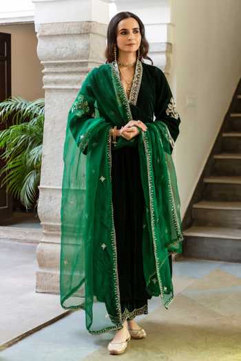 Maison Shefali_Green Velvet, Organza Zari, Embroidery, Cut Khizaan Panna Hand Anarkali Set _Online_at_Aza_Fashions