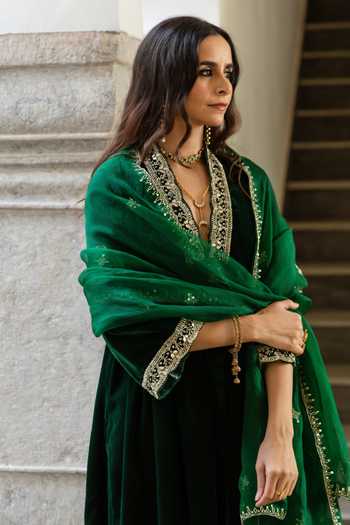 Maison Shefali_Green Velvet, Organza Zari, Embroidery, Cut Khizaan Panna Hand Anarkali Set _at_Aza_Fashions