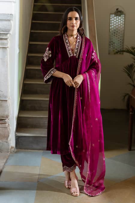 Maison Shefali_Purple Velvet, Organza Zari, Cut Work Khizaan Hand Embroidered Anarkali Set _Online_at_Aza_Fashions