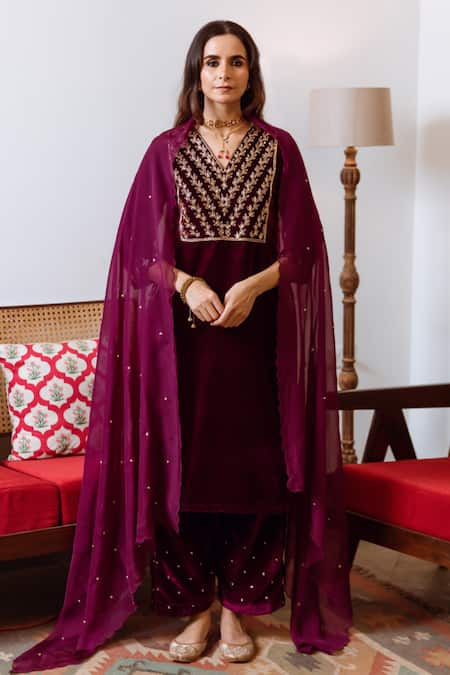 Maison Shefali Roya Velvet Hand Embroidered Kurta Set 