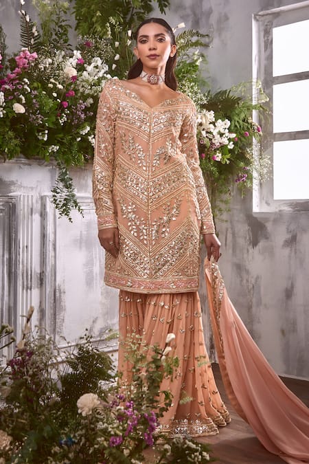 Shian Peach Georgette Persian Fleur And Pearl Embellished Kurta Gharara Set  