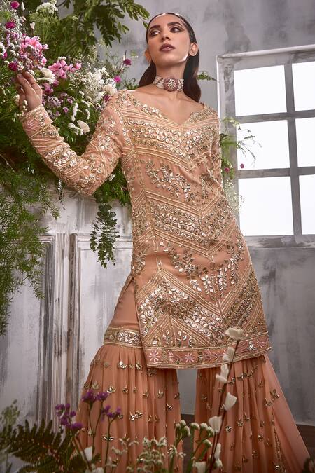 Shian_Peach Georgette Gota Patti, Persian Fleur And Embellished Kurta Gharara Set _Online_at_Aza_Fashions