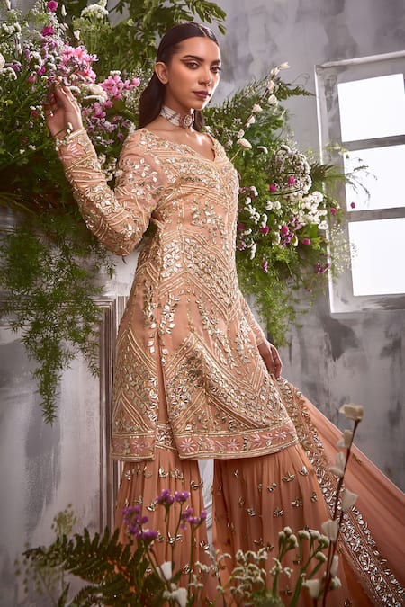 Buy_Shian_Peach Georgette Gota Patti, Persian Fleur And Embellished Kurta Gharara Set _Online_at_Aza_Fashions