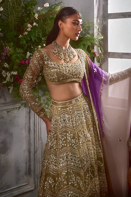 Shop Shian Green Organza Gota Patti, Pearls Ambrosia And Embellished Bridal Lehenga Set Online at Aza Fashions Shop_Shian_Green Organza Gota Patti, Pearls Ambrosia And Embellished Bridal Lehenga Set _Online_at_Aza_Fashions