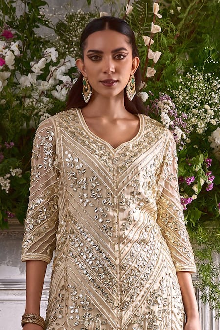 Shian_Cream Georgette Gota Patti, Mughal Fleur And Embellished Kurta Sharara Set _Online_at_Aza_Fashions