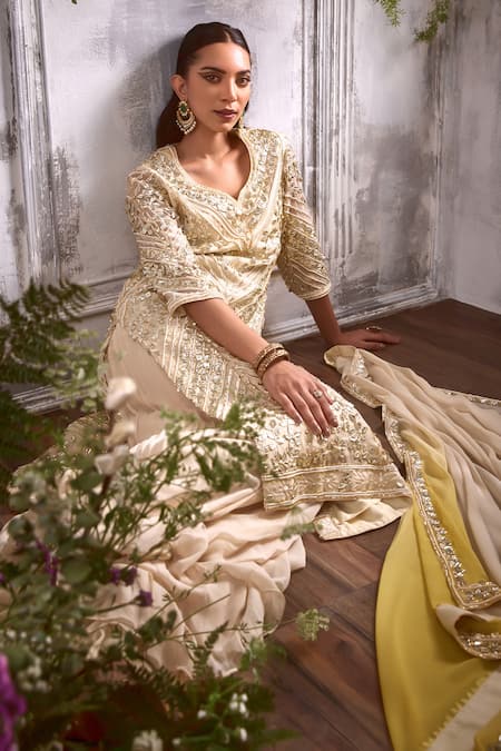 Buy_Shian_Cream Georgette Gota Patti, Mughal Fleur And Embellished Kurta Sharara Set _Online_at_Aza_Fashions