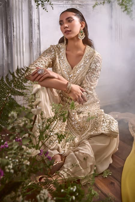 Shop_Shian_Cream Georgette Gota Patti, Mughal Fleur And Embellished Kurta Sharara Set _Online_at_Aza_Fashions