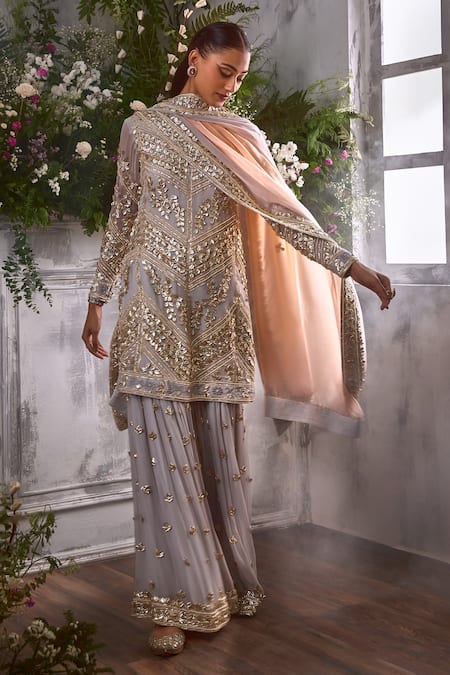 Shian - Grey Georgette French Fleur And Pearl Embellished Kurta Gharara Set  For Women