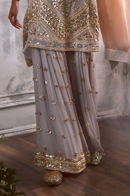 Shian Grey Georgette Gota Patti, Pearls French Fleur And Embellished Kurta Gharara Set Online at Aza Fashions Shian_Grey Georgette Gota Patti, Pearls French Fleur And Embellished Kurta Gharara Set _Online_at_Aza_Fashions