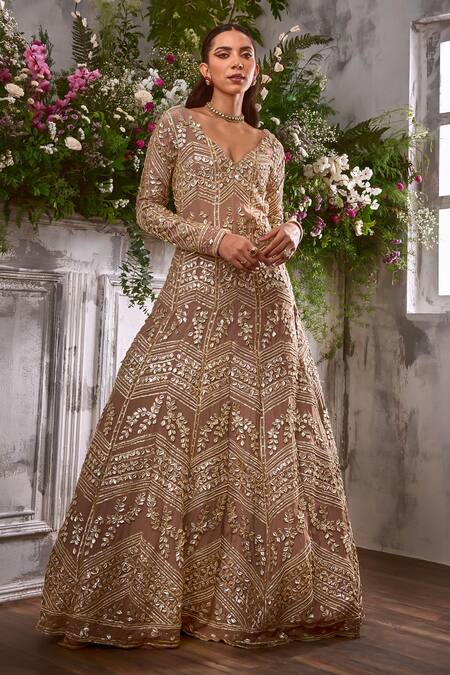 Buy_Shian_Beige Georgette Gota Patti, Florence And Embellished Anarkali With Dupatta _Online_at_Aza_Fashions