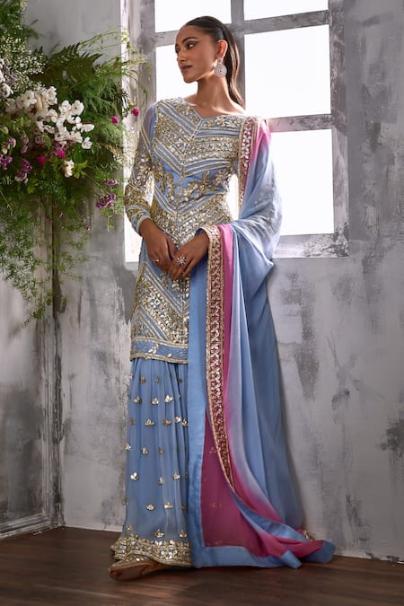 Shian Blue Georgette Baroque Fleur And Pearl Embellished Kurta Gharara Set 