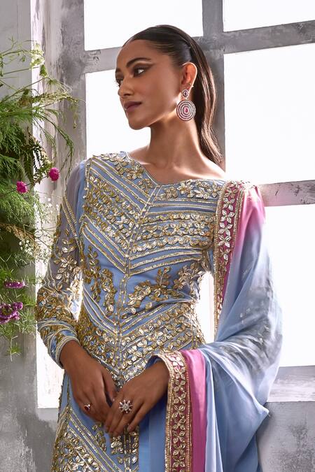 Shian Blue Georgette Gota Patti, Baroque Fleur And Embellished Kurta Gharara Set Online at Aza Fashions Shian_Blue Georgette Gota Patti, Baroque Fleur And Embellished Kurta Gharara Set _Online_at_Aza_Fashions