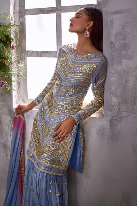 Buy Shian Blue Georgette Gota Patti, Baroque Fleur And Embellished Kurta Gharara Set Online at Aza Fashions Buy_Shian_Blue Georgette Gota Patti, Baroque Fleur And Embellished Kurta Gharara Set _Online_at_Aza_Fashions