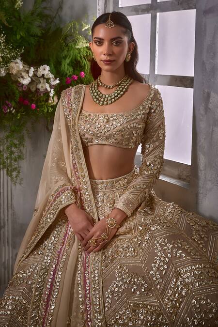 Buy_Shian_Beige Silk, Organza Gota Patti, Gardenia And Embellished Bridal Lehenga Set _Online_at_Aza_Fashions