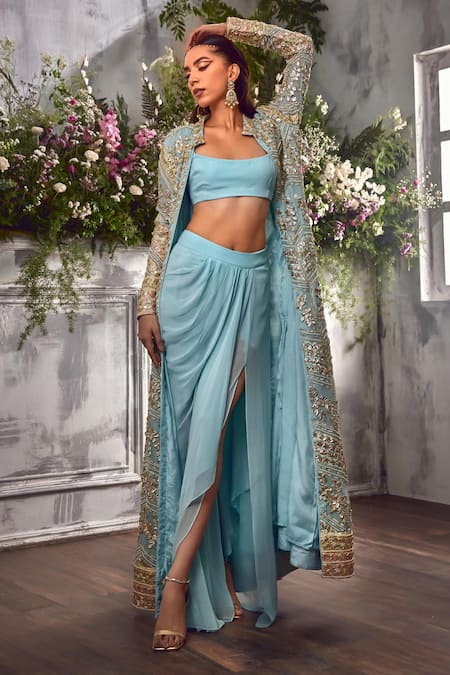 Shian Blue Georgette Gota Patti, Pearls Lily Fleur And Embellished Lehenga Blouse Set Online at Aza Fashions Shian_Blue Georgette Gota Patti, Pearls Lily Fleur And Embellished Lehenga Blouse Set _Online_at_Aza_Fashions