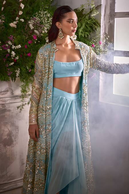 Shop Shian Blue Georgette Gota Patti, Pearls Lily Fleur And Embellished Lehenga Blouse Set Online at Aza Fashions Shop_Shian_Blue Georgette Gota Patti, Pearls Lily Fleur And Embellished Lehenga Blouse Set _Online_at_Aza_Fashions