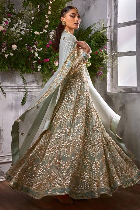 Shian_Green Georgette Gota Patti, Camellia And Embellished Anarkali With Dupatta _Online_at_Aza_Fashions