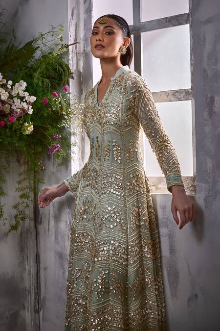 Buy_Shian_Green Georgette Gota Patti, Camellia And Embellished Anarkali With Dupatta _Online_at_Aza_Fashions