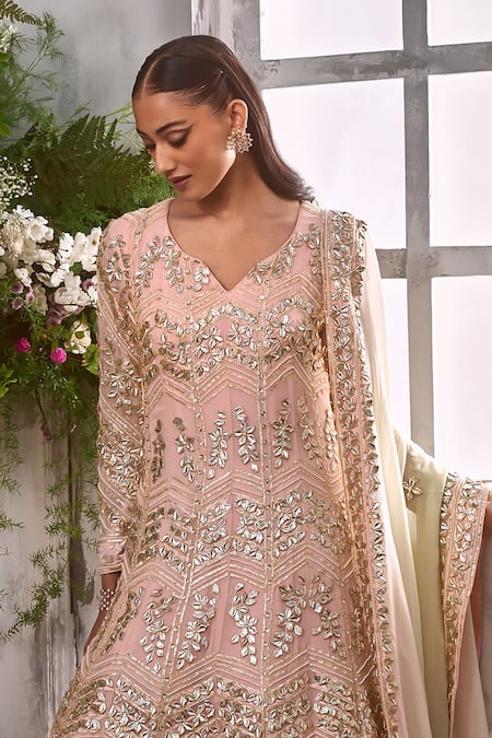 Shian_Peach Georgette Gota Patti, Gypso Fleur And Embellished Anarkali With Dupatta _Online_at_Aza_Fashions