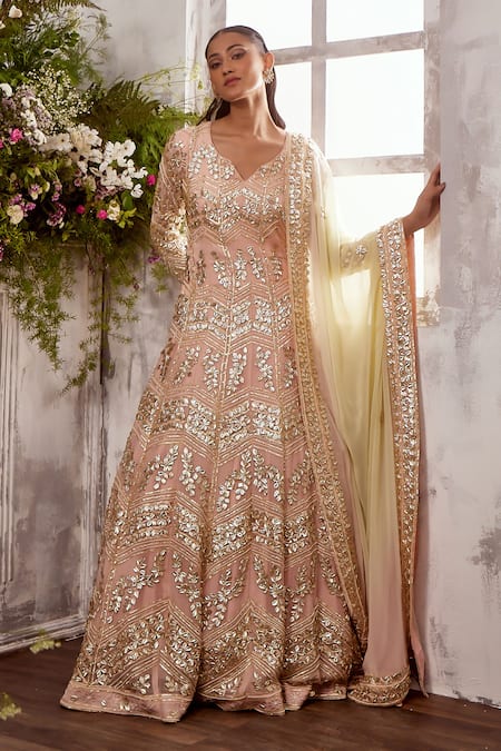 Buy_Shian_Peach Georgette Gota Patti, Gypso Fleur And Embellished Anarkali With Dupatta _Online_at_Aza_Fashions
