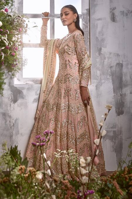 Shop_Shian_Peach Georgette Gota Patti, Gypso Fleur And Embellished Anarkali With Dupatta _Online_at_Aza_Fashions