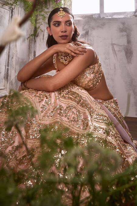 Buy Shian Peach Silk, Georgette Gota Patti, Daisy And Embellished Bridal Lehenga Set Online at Aza Fashions Buy_Shian_Peach Silk, Georgette Gota Patti, Daisy And Embellished Bridal Lehenga Set _Online_at_Aza_Fashions