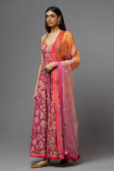 Aum By Asit And Ashima_Fuchsia Silk Embroidery V-neck Anarkali With Dupatta _Online_at_Aza_Fashions