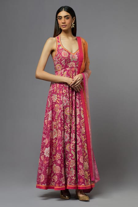 Buy_Aum By Asit And Ashima_Fuchsia Silk Embroidery V-neck Anarkali With Dupatta _Online_at_Aza_Fashions