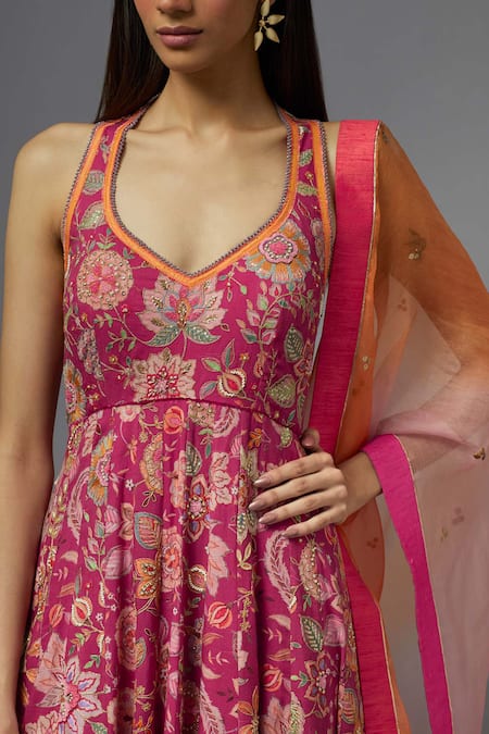 Shop_Aum By Asit And Ashima_Fuchsia Silk Embroidery V-neck Anarkali With Dupatta _Online_at_Aza_Fashions