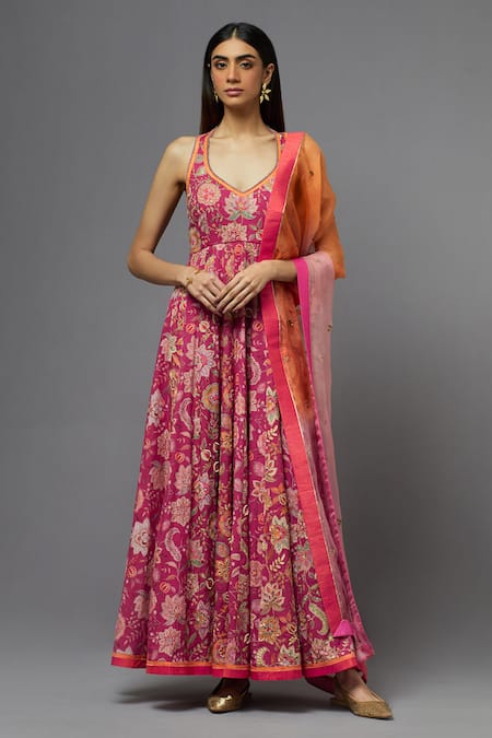 Aum By Asit And Ashima_Fuchsia Silk Embroidery V-neck Anarkali With Dupatta _at_Aza_Fashions