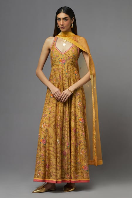 Aum By Asit And Ashima_Yellow Silk Embroidery V-neck Floral Anarkali With Dupatta _Online_at_Aza_Fashions