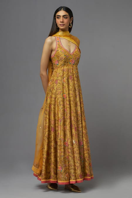 Buy_Aum By Asit And Ashima_Yellow Silk Embroidery V-neck Floral Anarkali With Dupatta _Online_at_Aza_Fashions