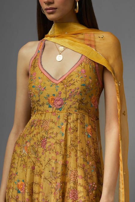 Shop_Aum By Asit And Ashima_Yellow Silk Embroidery V-neck Floral Anarkali With Dupatta _Online_at_Aza_Fashions