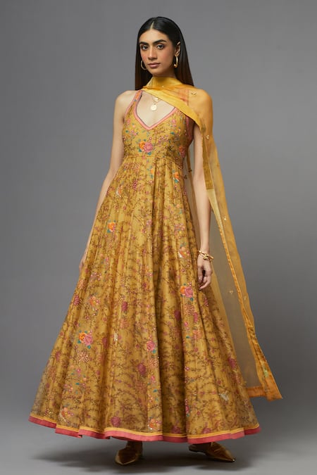 Aum By Asit And Ashima_Yellow Silk Embroidery V-neck Floral Anarkali With Dupatta _at_Aza_Fashions