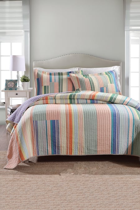 Quliting Tree Multi Color Pure Cotton Print Stripe Pattern Quilt With Pillow Covers 