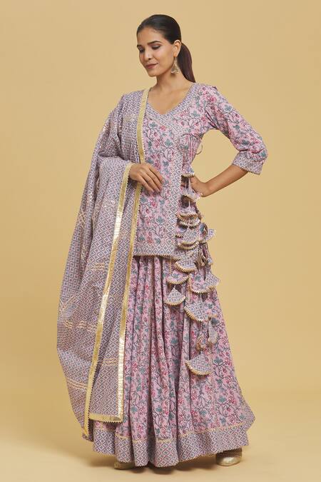 Samyukta Singhania_Pink Cotton, Voile Embroidery, Gota Patti Floral Jaal Print Kurta Lehenga Set_Online_at_Aza_Fashions