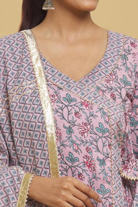 Buy_Samyukta Singhania_Pink Cotton, Voile Embroidery, Gota Patti Floral Jaal Print Kurta Lehenga Set_Online_at_Aza_Fashions