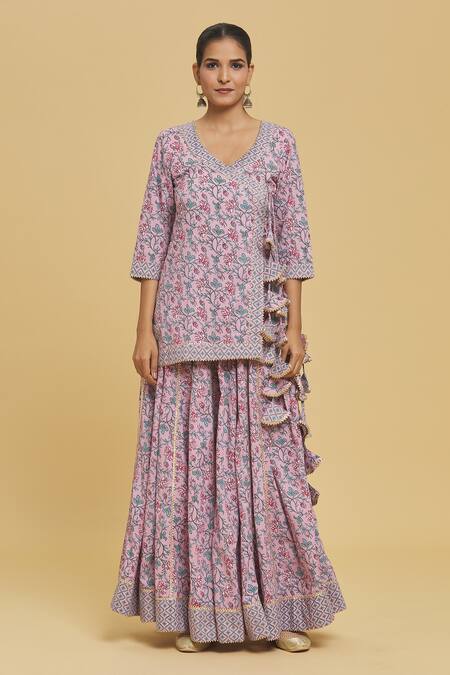 Samyukta Singhania_Pink Cotton, Voile Embroidery, Gota Patti Floral Jaal Print Kurta Lehenga Set_at_Aza_Fashions