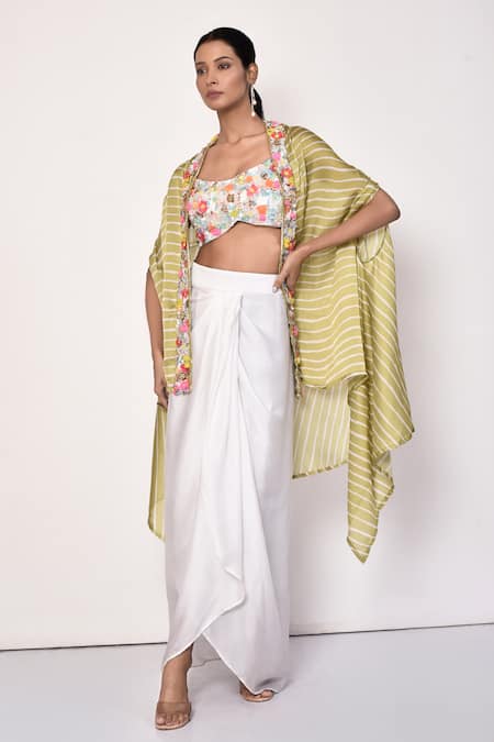Naintara Bajaj Multi Color Modal Satin Hand Embroidered Striped Shrug With Dhoti Skirt Set