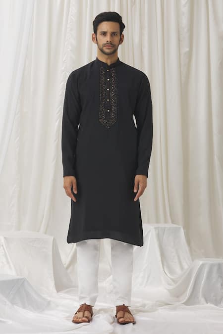 Aariyana Couture Black Silk, Cotton, Polyester Embroidery Placket Kurta With Pant Online at Aza Fashions Aariyana Couture_Black Silk, Cotton, Polyester Embroidery Placket Kurta With Pant _Online_at_Aza_Fashions