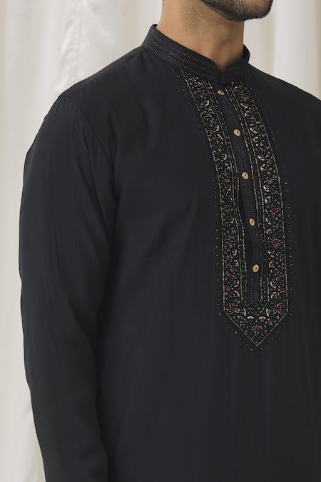 Shop Aariyana Couture Black Silk, Cotton, Polyester Embroidery Placket Kurta With Pant Online at Aza Fashions Shop_Aariyana Couture_Black Silk, Cotton, Polyester Embroidery Placket Kurta With Pant _Online_at_Aza_Fashions
