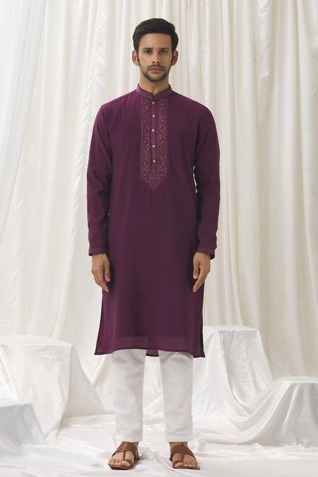 Buy_Aariyana Couture_Wine Silk, Cotton, Polyester Embroidery Placement Kurta With Pant _Online_at_Aza_Fashions