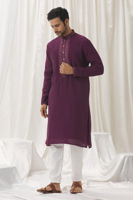 Shop_Aariyana Couture_Wine Silk, Cotton, Polyester Embroidery Placement Kurta With Pant _Online_at_Aza_Fashions